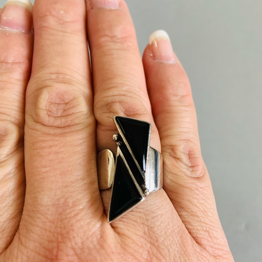 Modernist Sterling Silver Southwestern Design Double ONYX Ring Adjustable